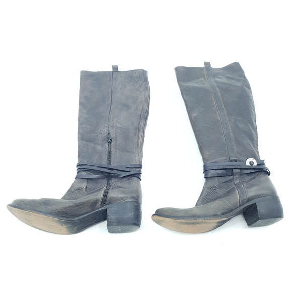 Freebird by Steven Black Brown Leather Knee High Strappy Texan Style Boots Sz 9 - Picture 3 of 12